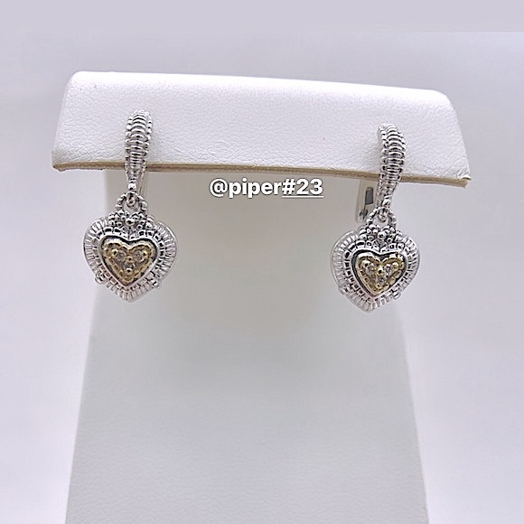 Judith Ripka Sterling Silver 18K Gold JR TWO Diamond Heart Romance Drop Earrings - Picture 5 of 10